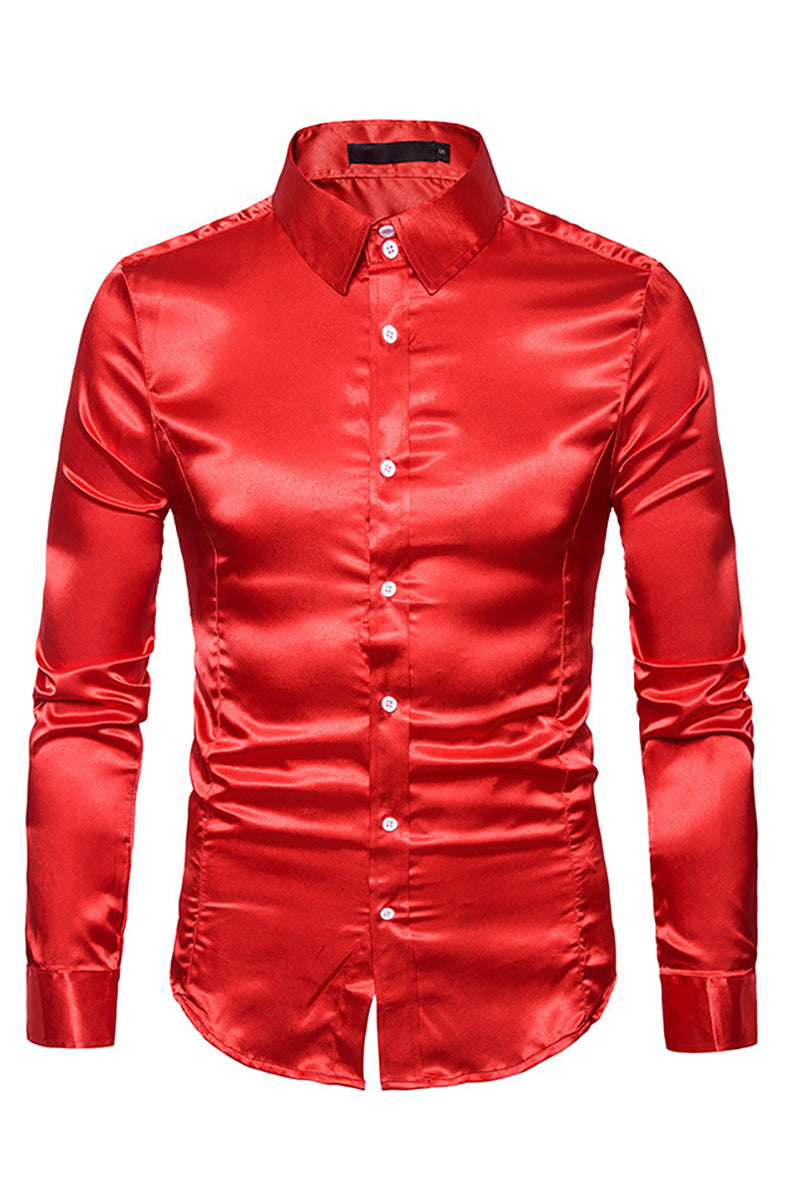 Satin Button Turndown Collar Slim Semi Formal Long Sleeve Shirt