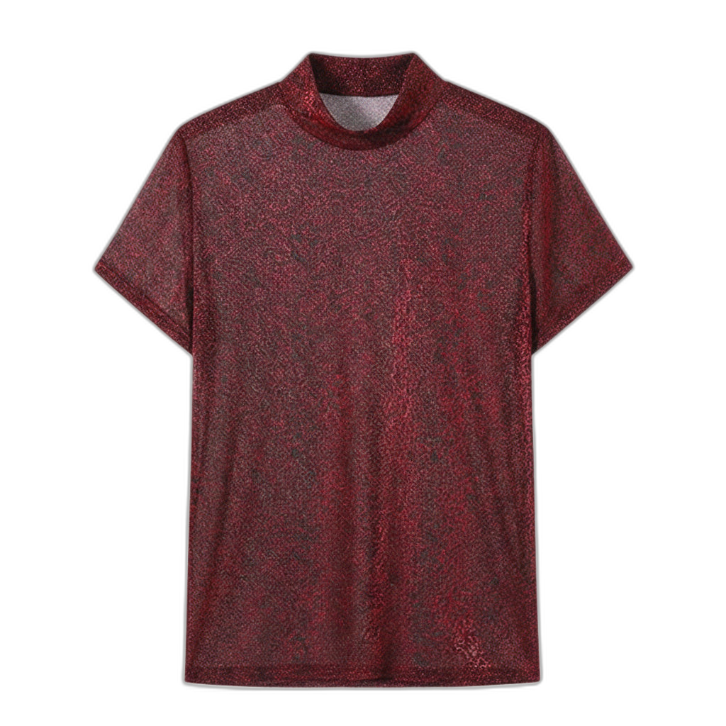 Red Sheer Metallic Mock Neck Tee