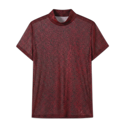 Red Sheer Metallic Mock Neck Tee