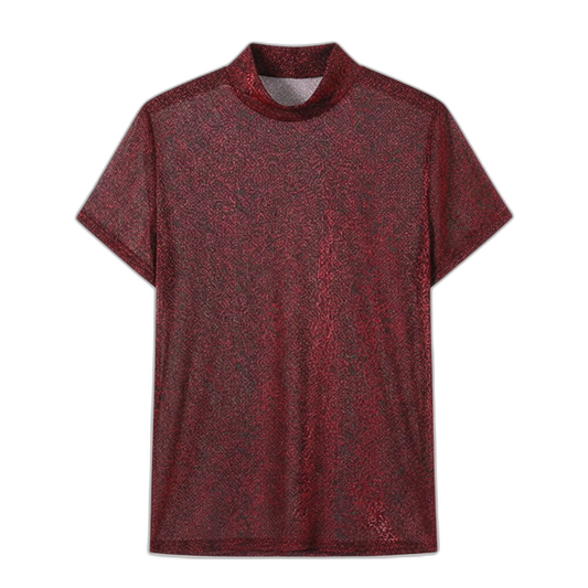 Red Sheer Metallic Mock Neck Tee