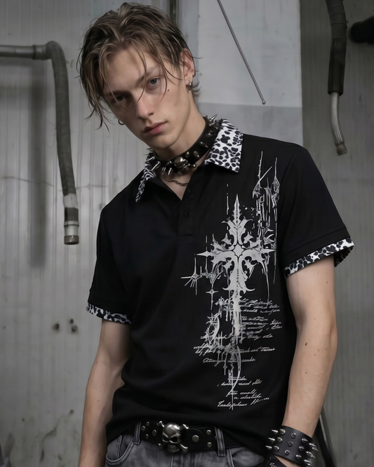 Graphic Print Leopard Collar Polo