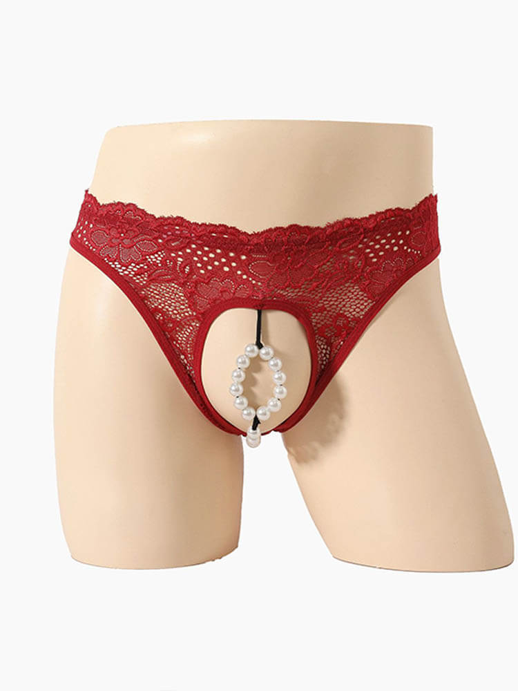 Men's Sexy Imitation Pearls Sheer Lace Briefs