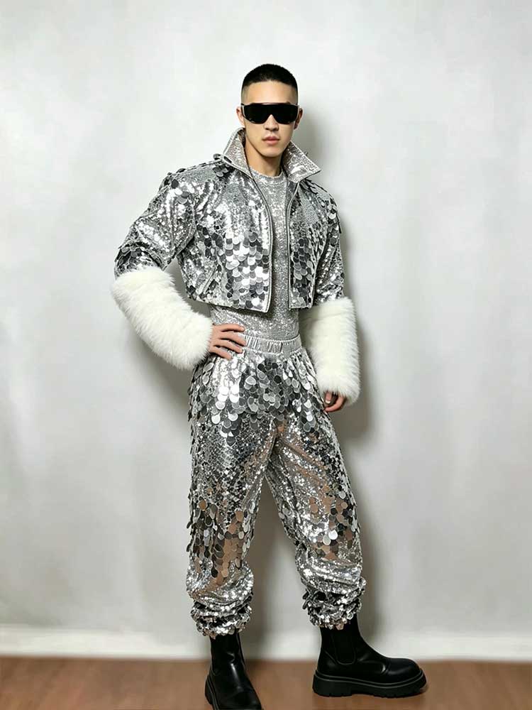 Men's Metallic Silver Sequin Performance Costume Set