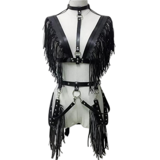 Women's Gothic Punk Pentagram Garter Set with Tassel Bra Harness