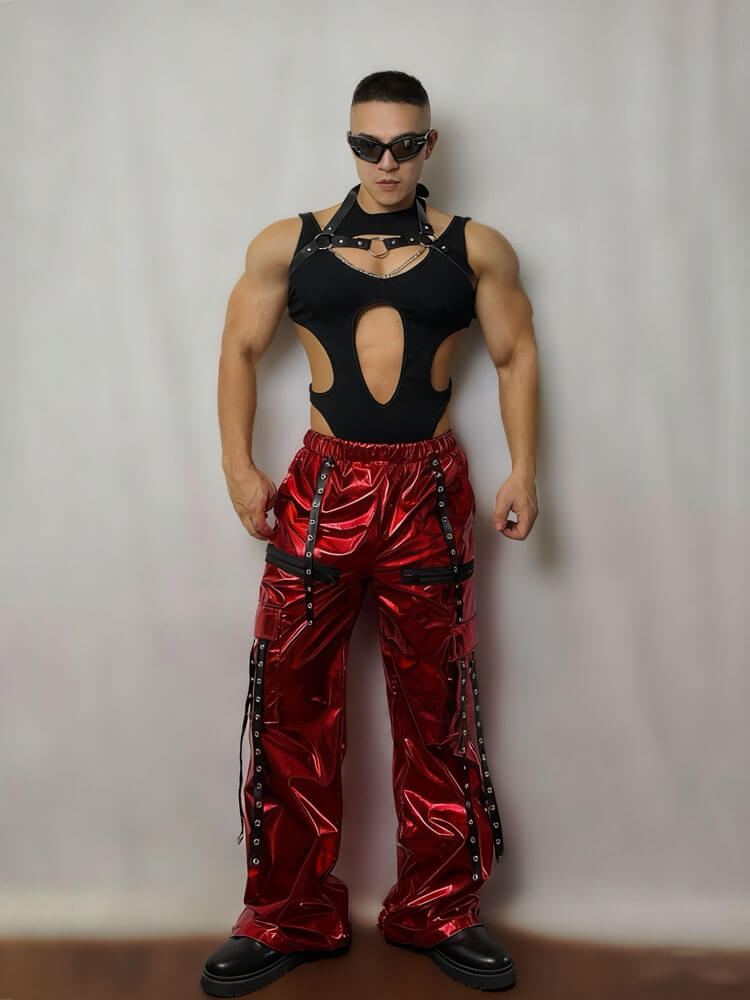 Men's Hollow Bodysuit Shiny Pants Performance Costume Set