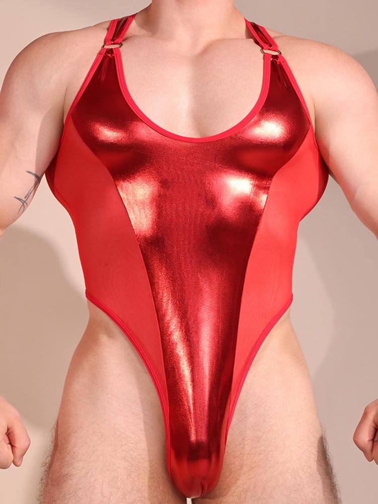 Men's Glossy Leather Ultra-Thin Mesh Stretch Bodysuit