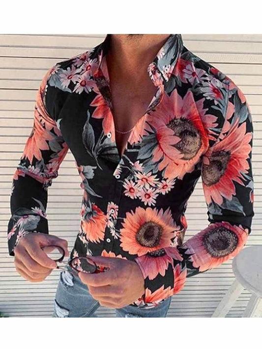 Men's Casual Sunflower Print Collared Holiday Shirt