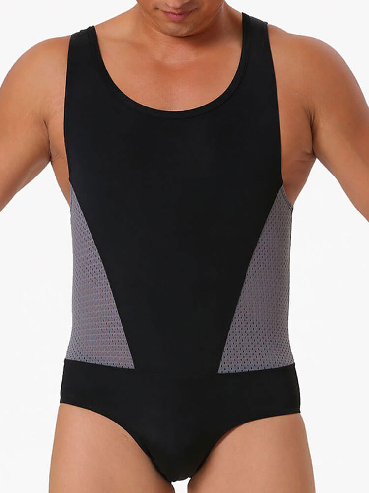 Men's Sexy Mesh Panels High-Stretch Nylon Bodysuit