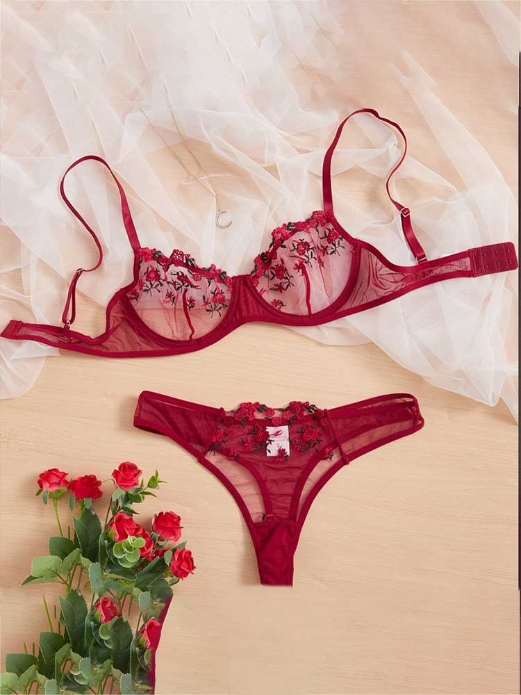 Men's Sexy Floral See-Through Mesh Bra Briefs Set
