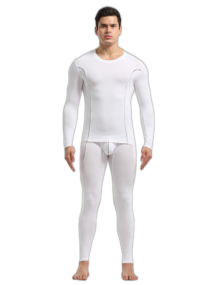 Men's Round Neck Solid Color Bamboo Fiber Thermal Underwear Set