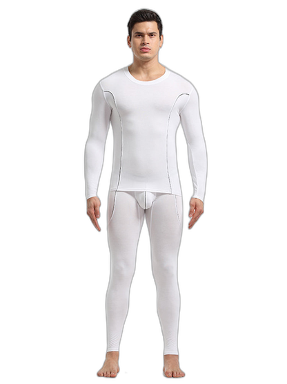 Men's Round Neck Solid Color Bamboo Fiber Thermal Underwear Set