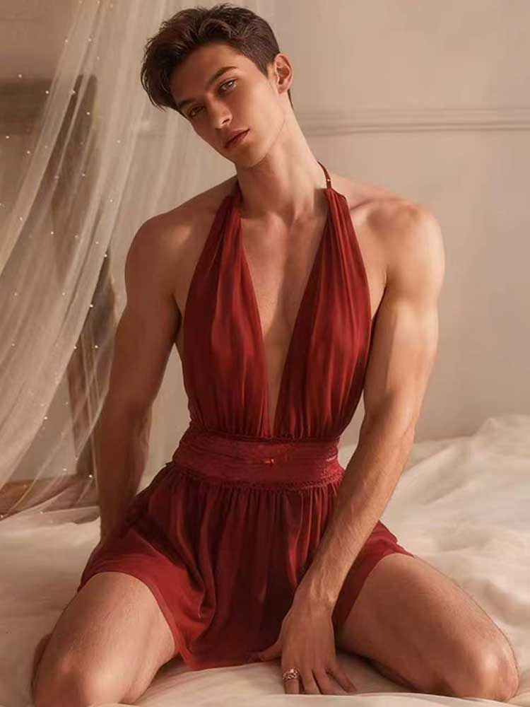 Men's Sexy Mesh Backless See-Through Halter Neck Dress