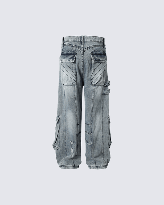 Distressed Denim Cargo Pants - Bold and Trendy