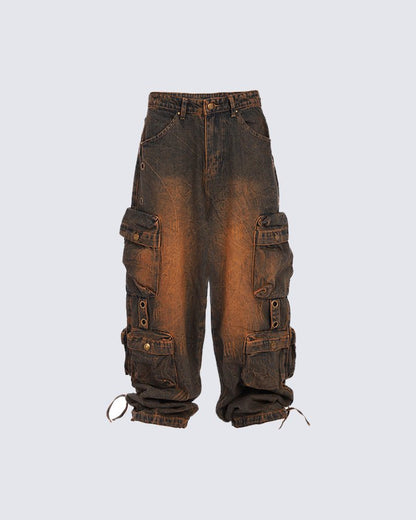 Multi-Pocket Washed Denim Pants