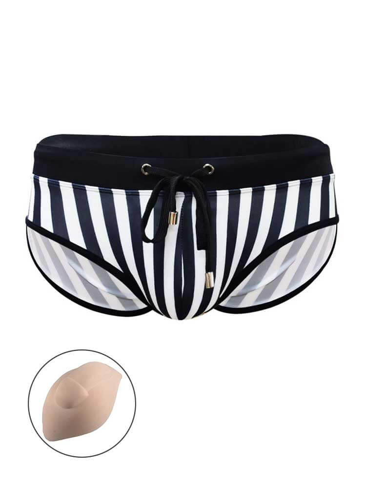 Men's Sexy Black and White Striped Drawstring Swim Briefs