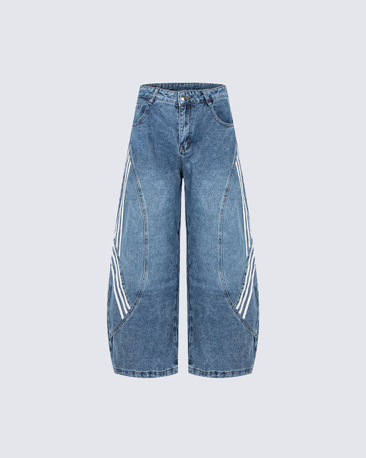 Striped Panel Washed Denim Pants