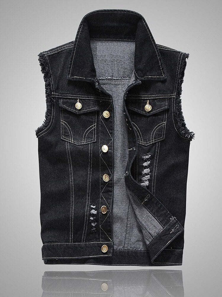 Men's Retro Frayed Ripped Denim Vest Jacket