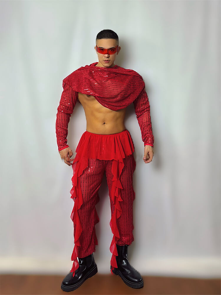 Men's Red Hooded Cape Performance Costume Set