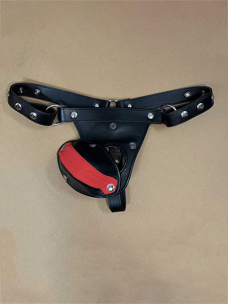 Men's Red Color-Blocked Genuine Leather Detachable Thong