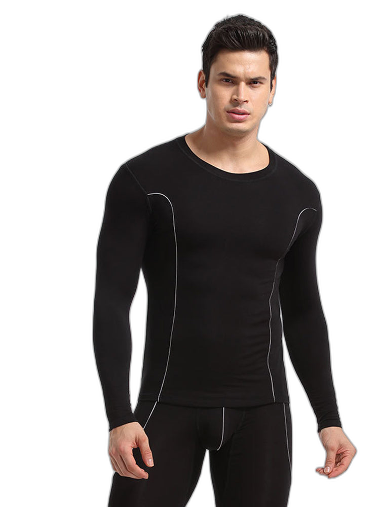 Men's Round Neck Solid Color Bamboo Fiber Thermal Underwear Set