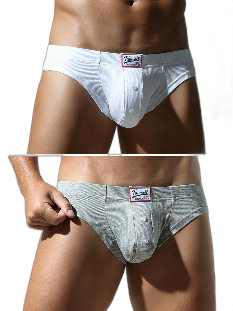 2 Pack Men's Ribbed Briefs with Decorative Button and Contour U-Pouch