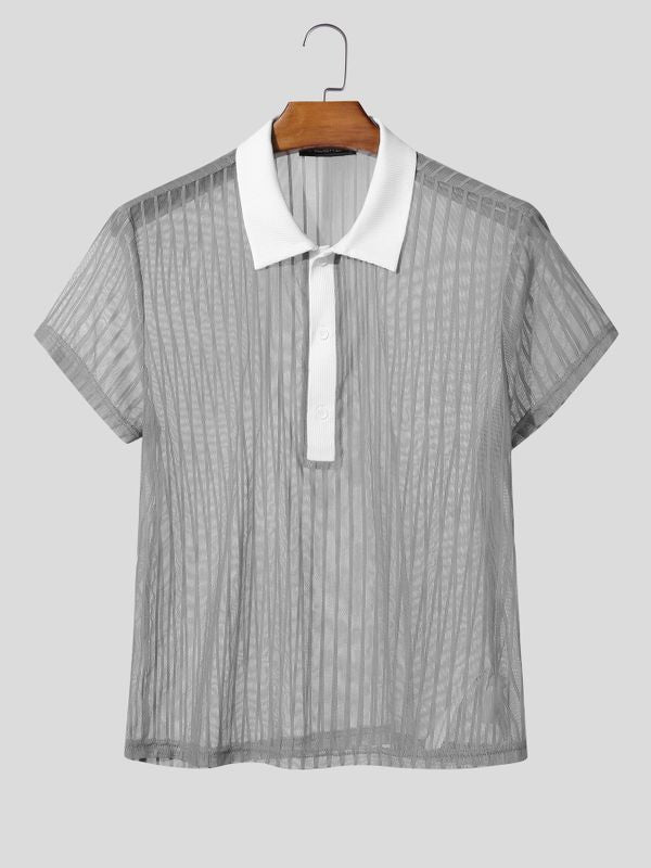 Men's Avant-Garde Two-Tone Contrast Collar Sheer Vertical Stripe Short Sleeve Polo Shirt SKUL74576