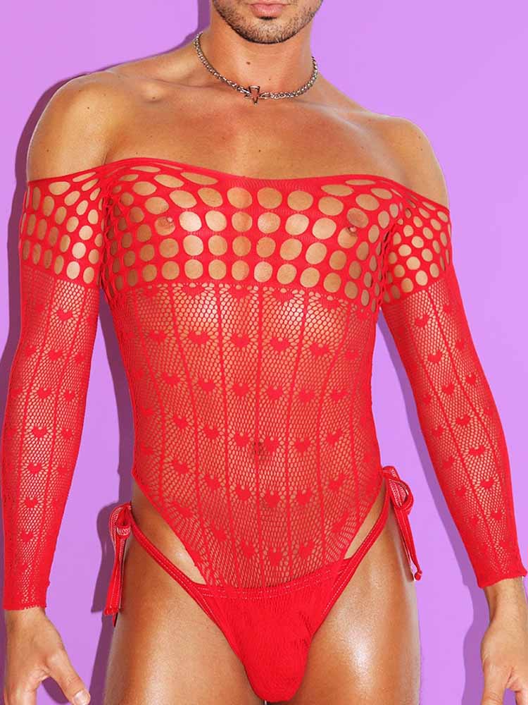 Red Fishnet See-Through Strapless Bodysuit