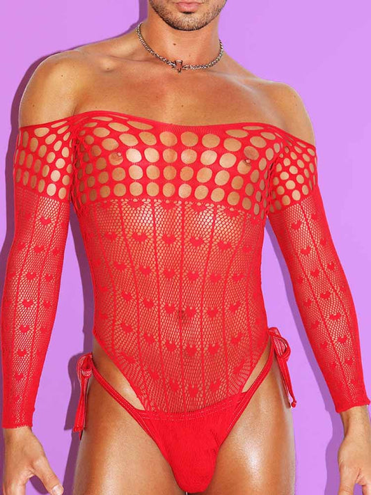 Red Fishnet See-Through Strapless Bodysuit