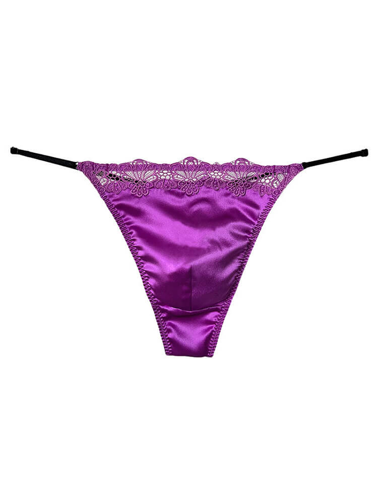 Men's Sexy Thin Strap Embroidered Lace Silk Thong