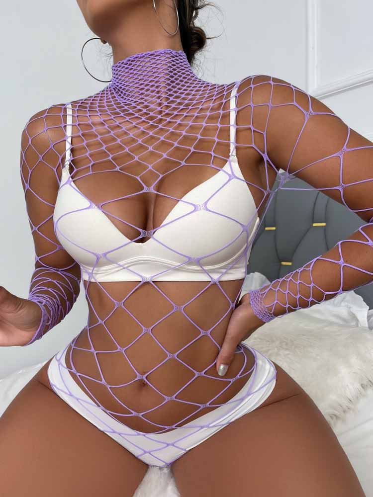 High Neck Long Sleeve Fishnet Bodysuit