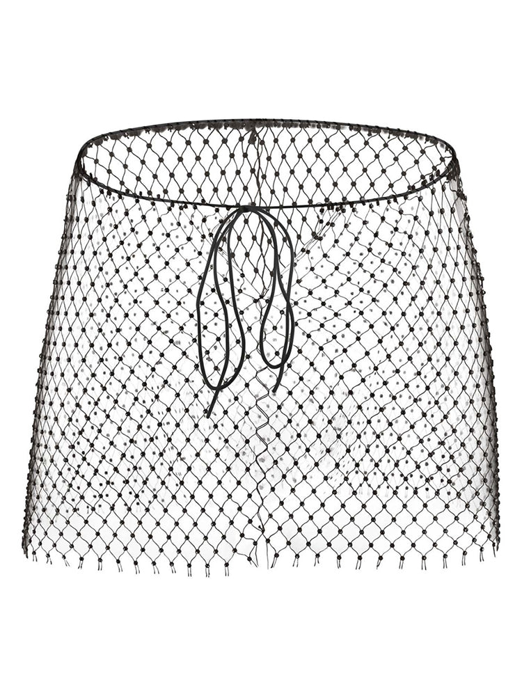 Men's Rhinestone See Through Fishing Net Cutout Nylon Vest Shorts Two Piece Set - Orange
