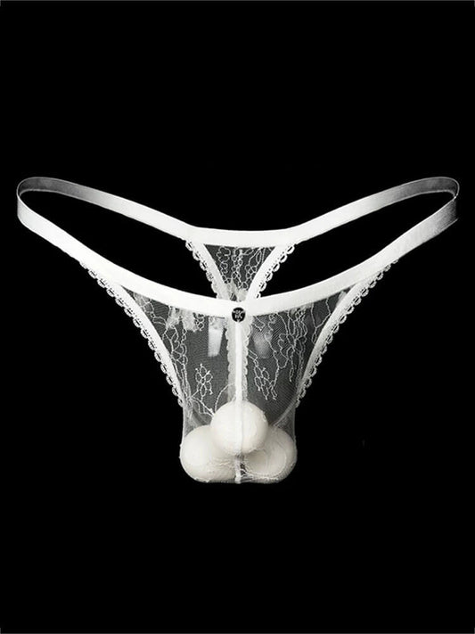 Men's Sexy Sheer White Lace-Trimmed Thong