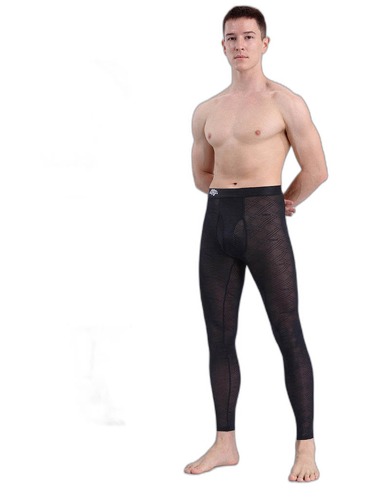 Men's Sexy Transparent Ice Silk Jacquard Seamless Tights Warm Pants
