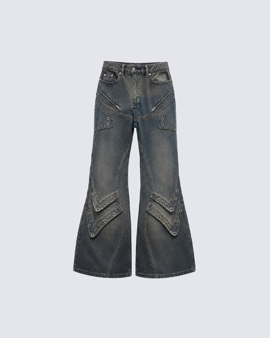 KIIKIO Punk Grommet Panel Flared Jeans