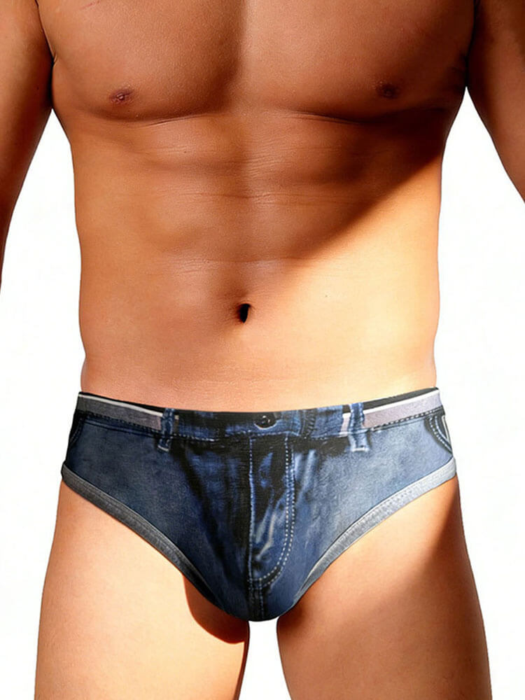 Men's Sexy Faux-Denim Print Quick-Dry Swim Briefs
