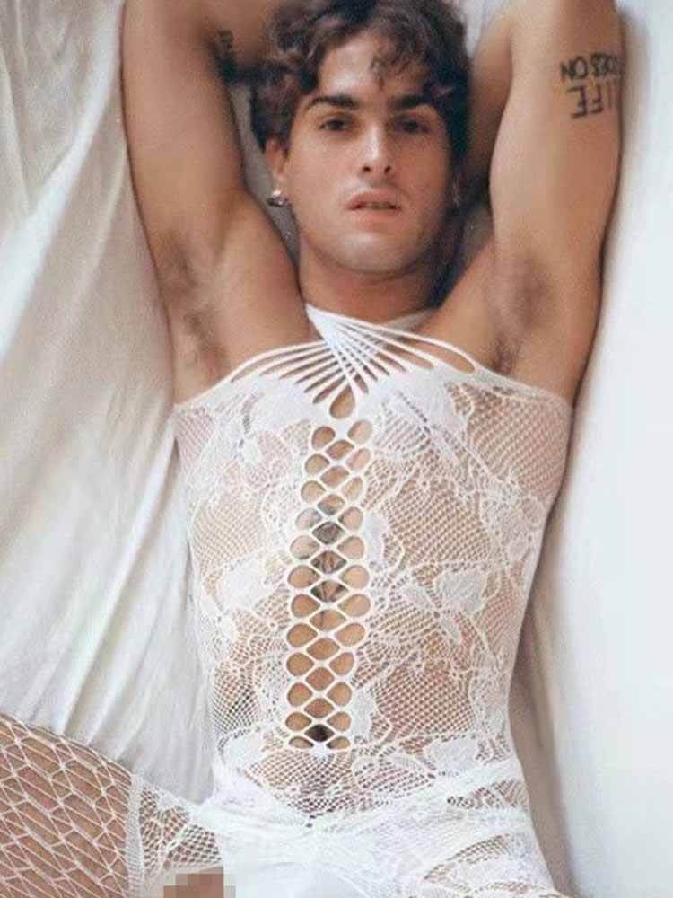Men's Lace Crotchless Mesh White Bodysuit