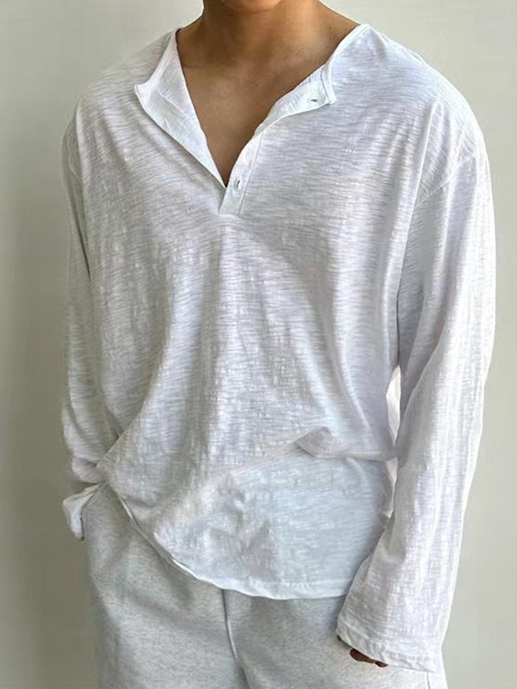 Men's Loose Henley Collar Long-sleeved T-shirt 