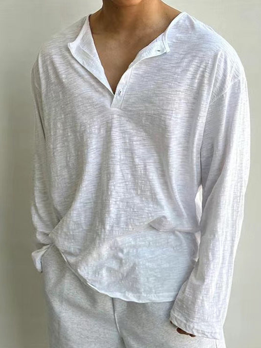Men's Loose Henley Collar Long-sleeved T-shirt 