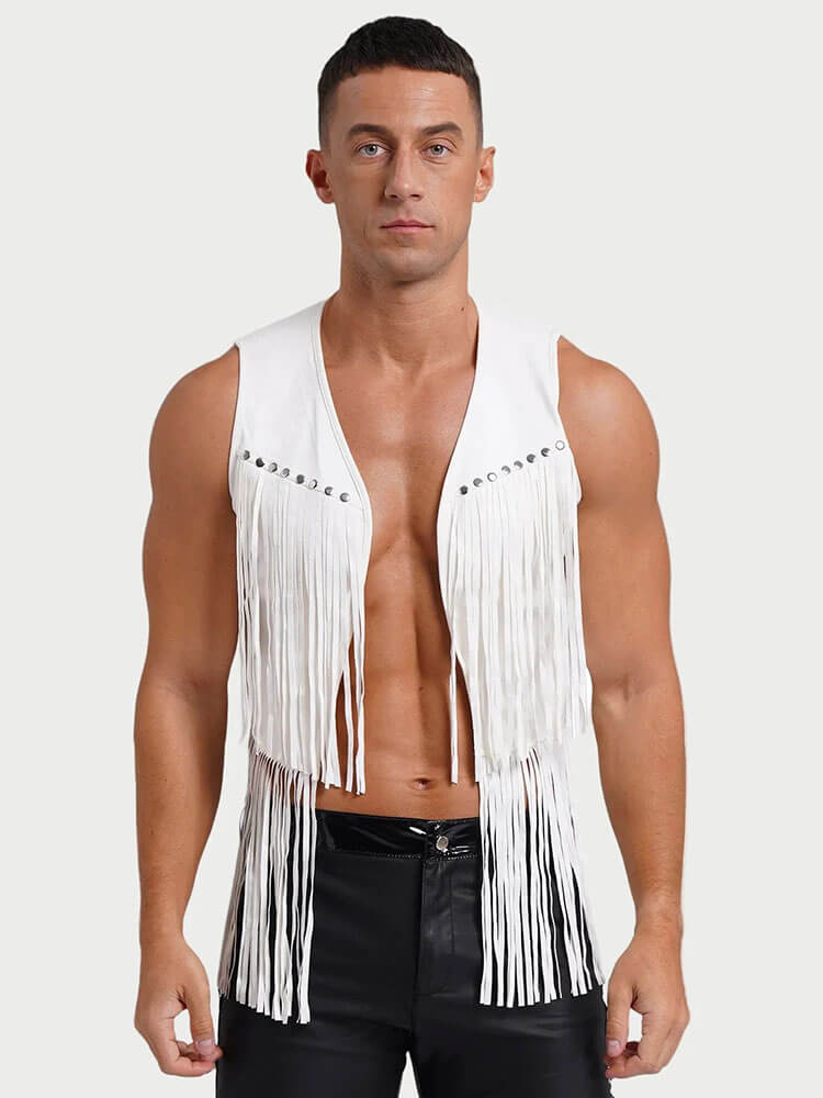 Men's V-Neck Studded Fringe Vest Jacket