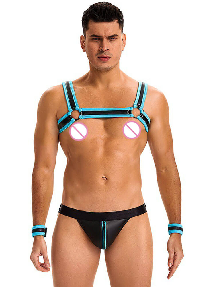 Men's Colorblock Harness Handcuffs Jockstrap Set