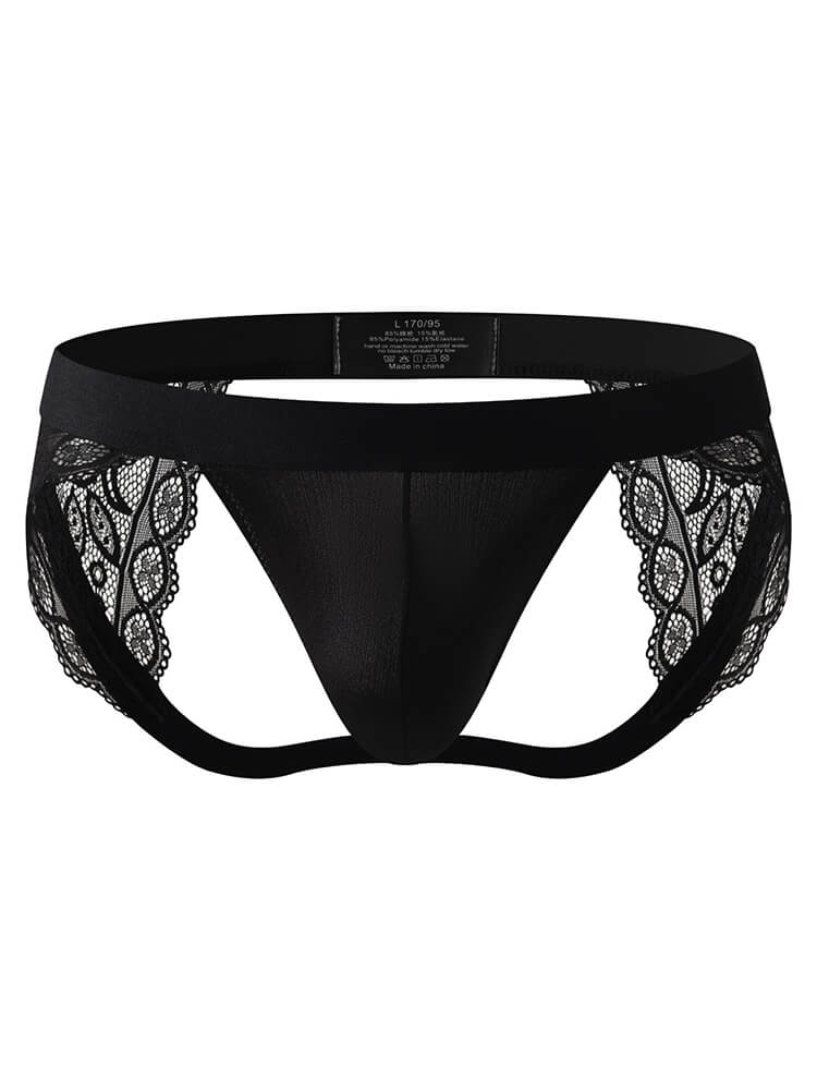 Men's Sexy Low-Rise Hollowed-Out Lace Silky Double Thong