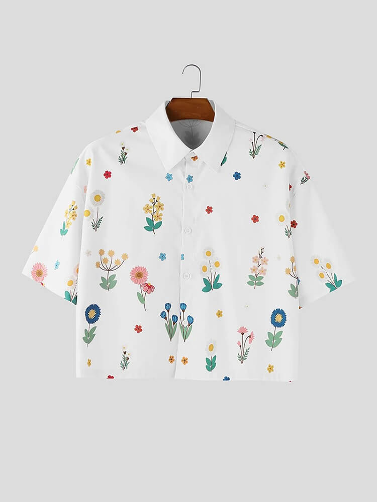 Men's Floral Print Loose Short-Sleeve Cropped Shirt