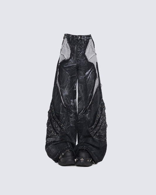 Vintage Washed Patchwork Lace-Up Wide Jeans