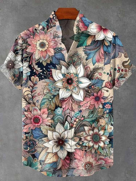 Vintage Floral Print Short-Sleeved Shirt
