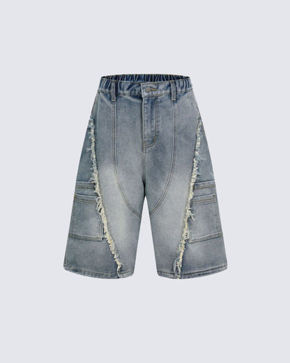 American Retro Wasteland Style Fringed Denim Shorts