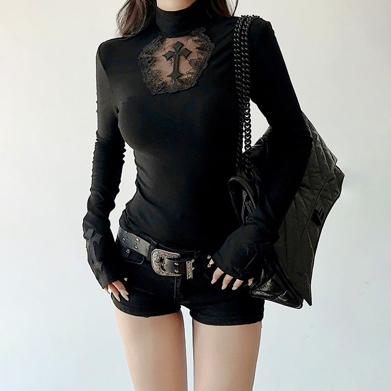 Dark Cross Lace Panel Long Sleeve Top