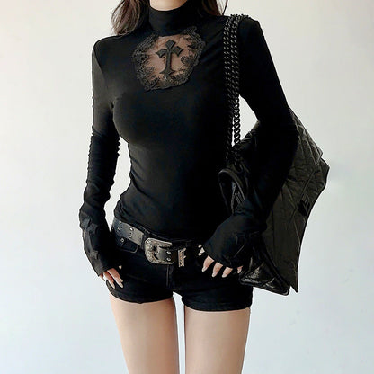 Dark Cross Lace Panel Long Sleeve Top