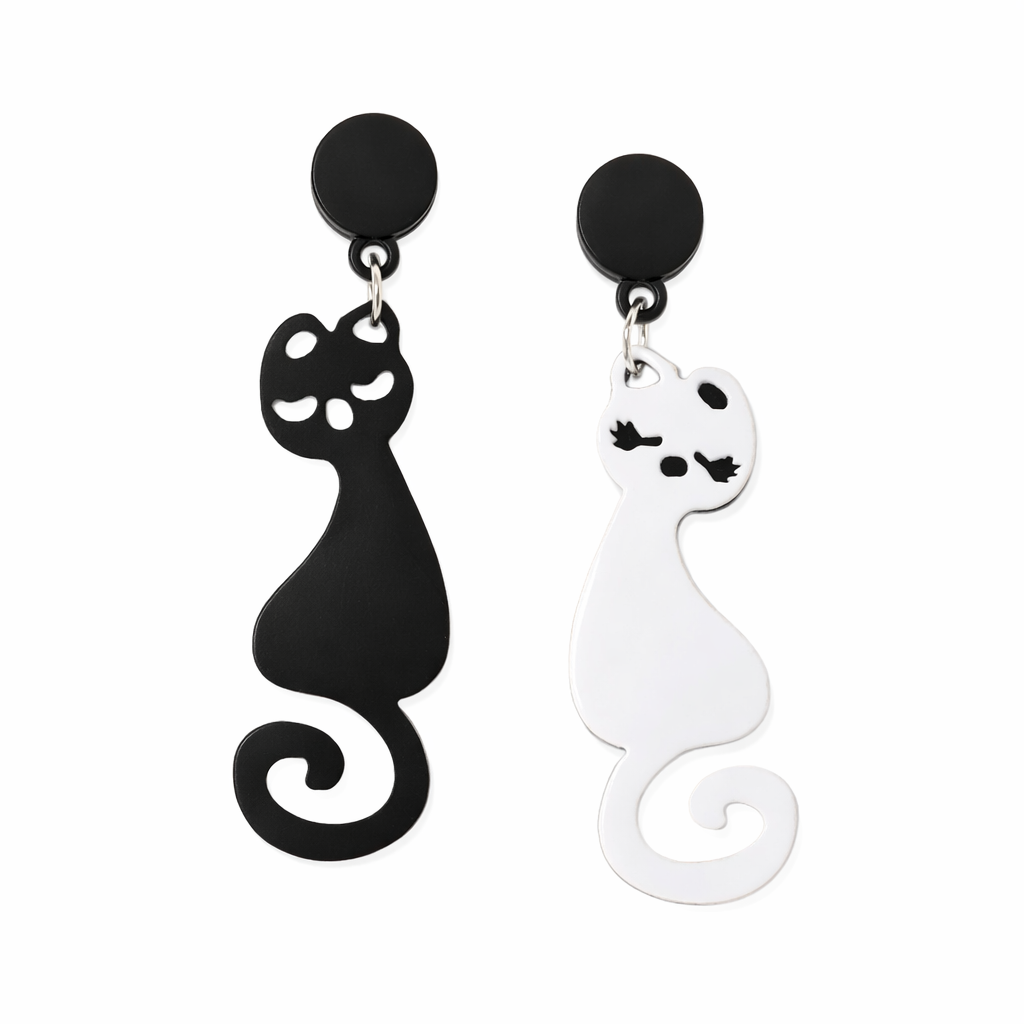 Mismatched Black & White Cat Drop Earrings