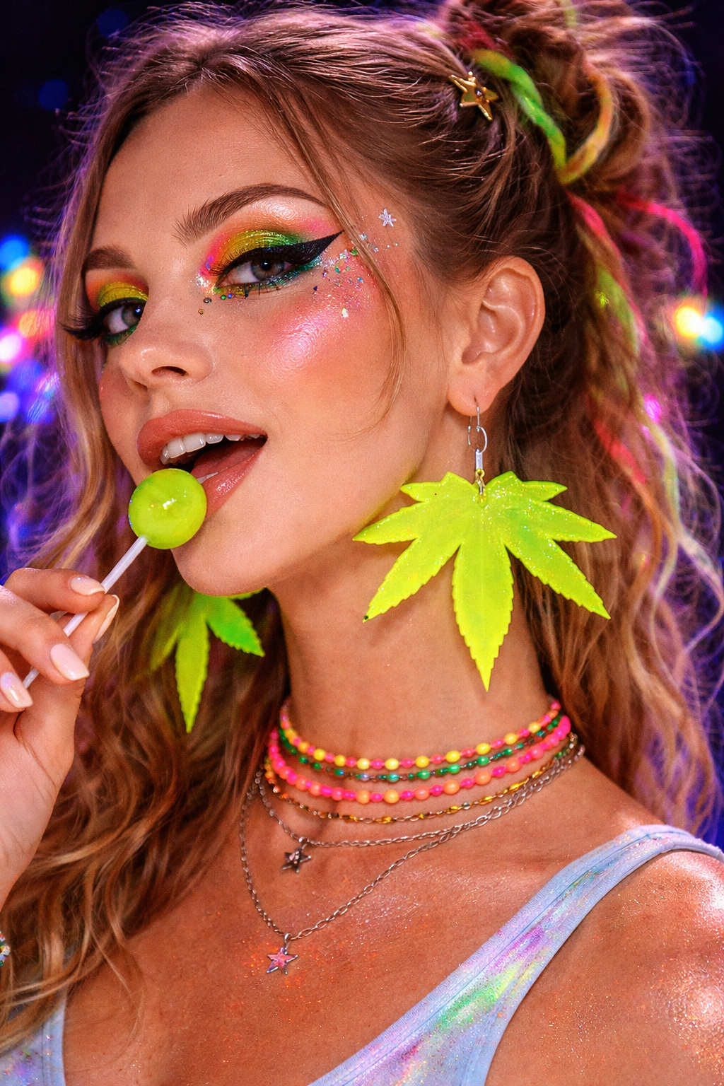 Neon Green Leaf Drop Earrings
