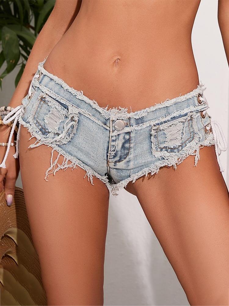 Low-Rise Sexy Slim-Fit Lace-Up Frayed Denim Shorts